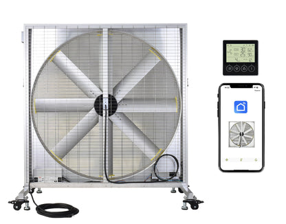 ILG-54-Solar-S : iLIVING 54 Inch Mobile Industrial Floor Fan. 375W. 28000 CFM High Velocity Cooling. Smart App & Remote Control. Mobile Wheeled Design. IP68 Waterproof. Washdown. Quiet Brushless DC Motor