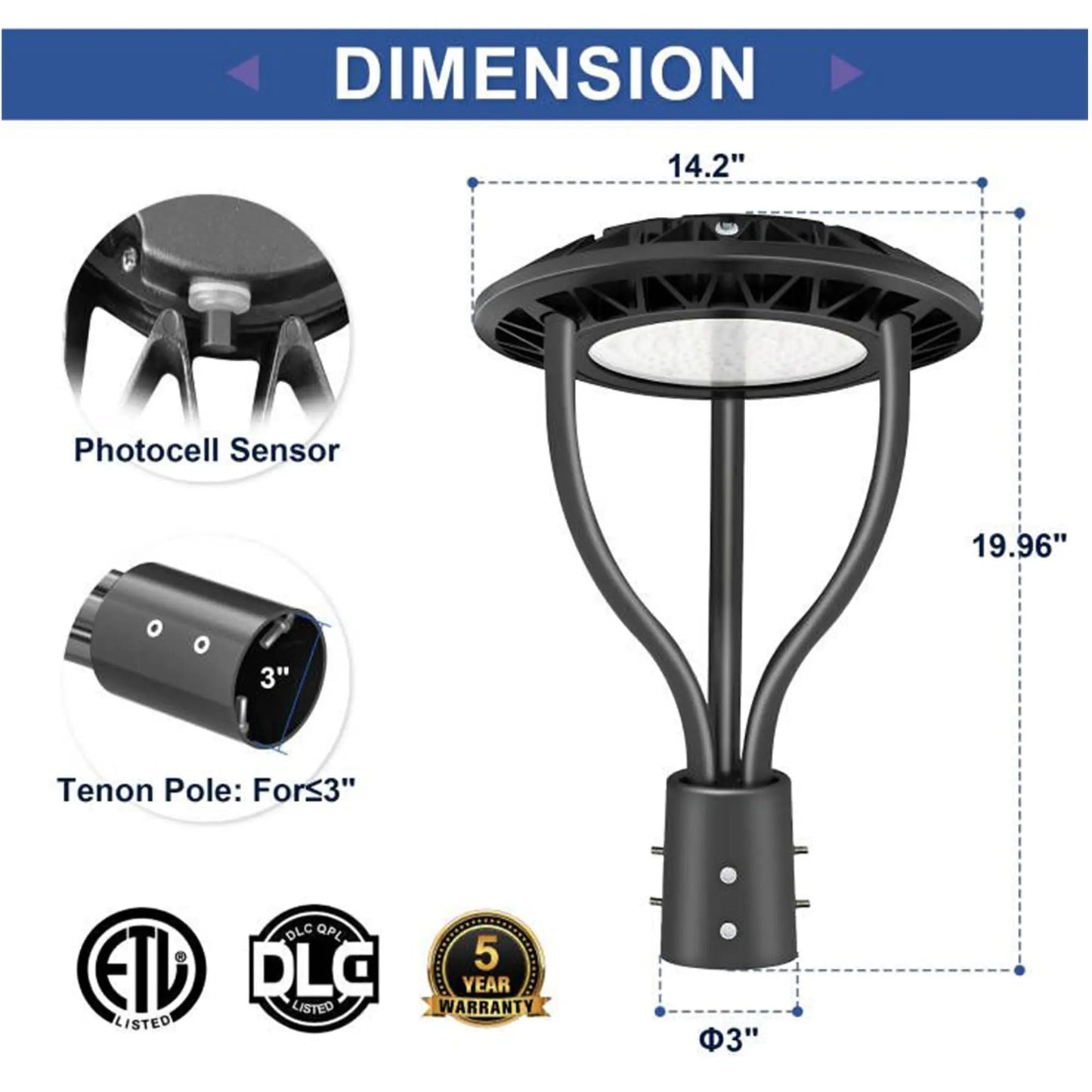 Commercial LED Post Top Light. 80W/100W/120W/150W Selectable. 3CCT Tunable. Photocell Included. IP65 Rated