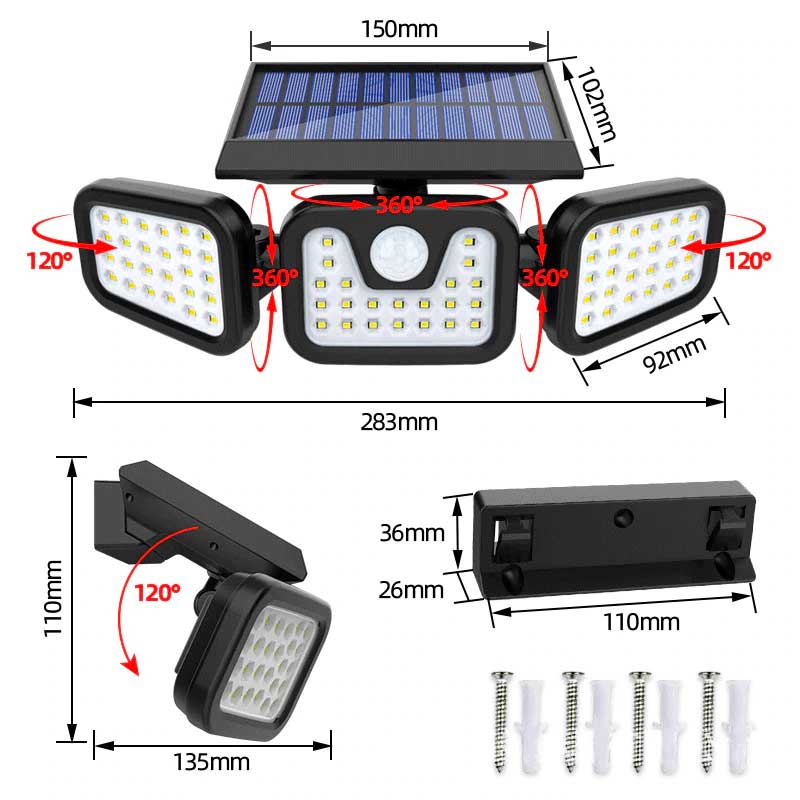 Lampe solaire jardin Triple Bloc LED 360°