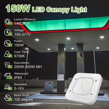 150W LED Canopy Light-5700K-Square-19500 Lumen-Gas Station Lighting-5 Years Warranty
