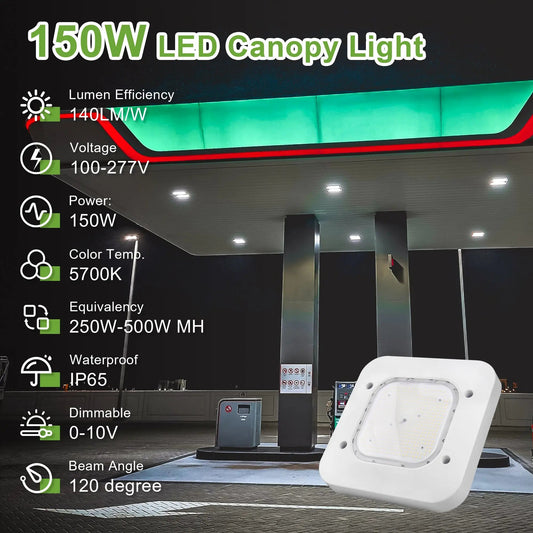 150W LED Canopy Light-5700K-Square-19500 Lumen-Gas Station Lighting-5 Years Warranty
