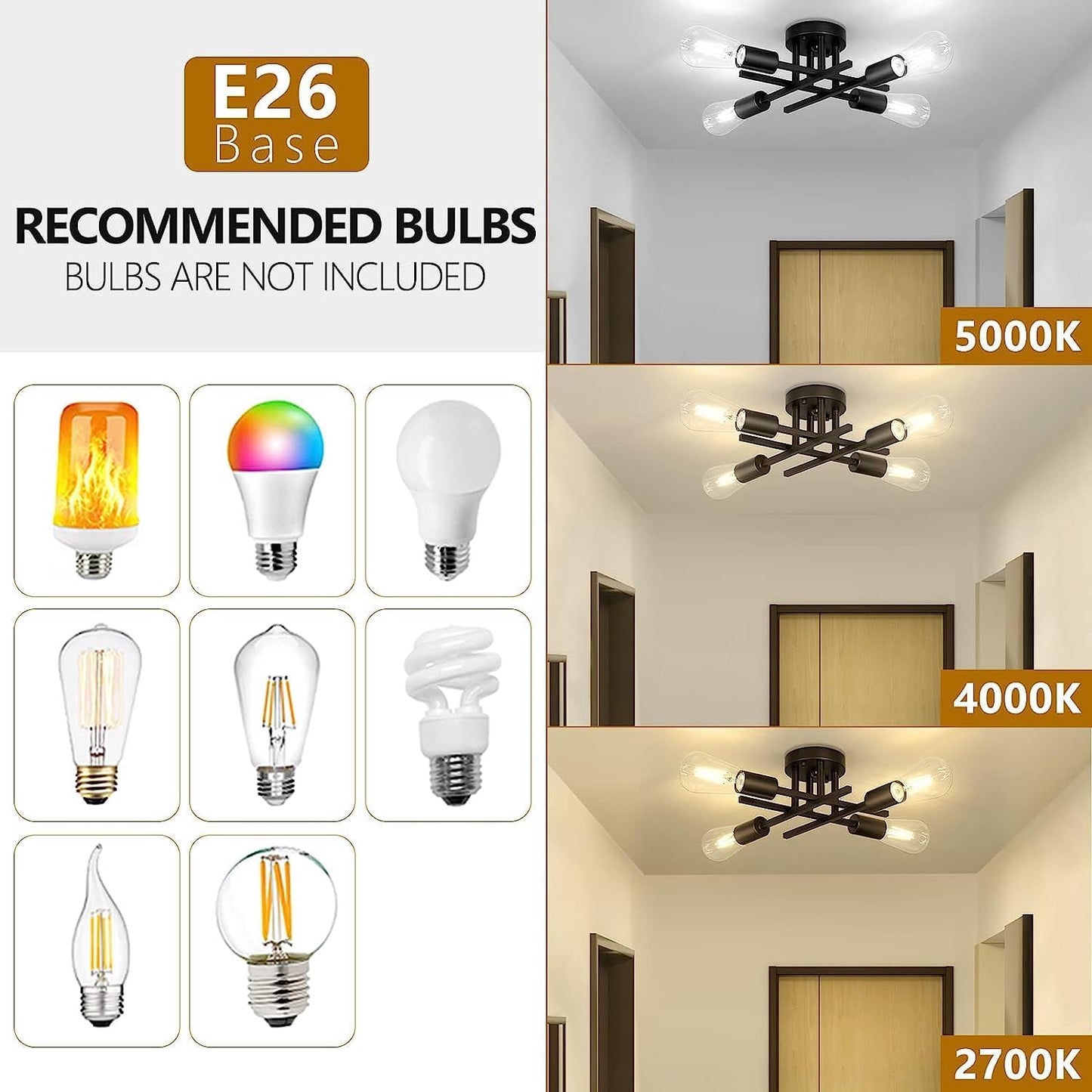4 Light Vintage Semi-Flush Ceiling Light – Modern Black Chandelier with E27 Base for Farmhouse. Kitchen. Bedroom & Living Room