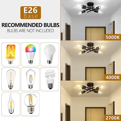 4 Light Vintage Semi-Flush Ceiling Light – Modern Black Chandelier with E27 Base for Farmhouse. Kitchen. Bedroom & Living Room