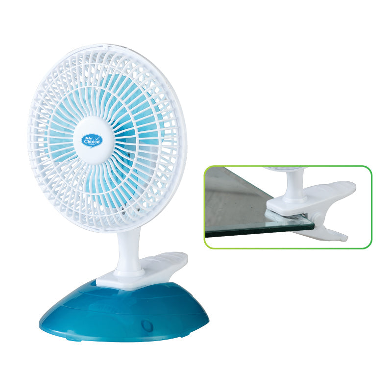 My Choice 6 Clip/Table Fan – Detachable Base. Adjustable Tilt. Strong Wind. Portable. Durable. 2-Speed. white & blue. MC202