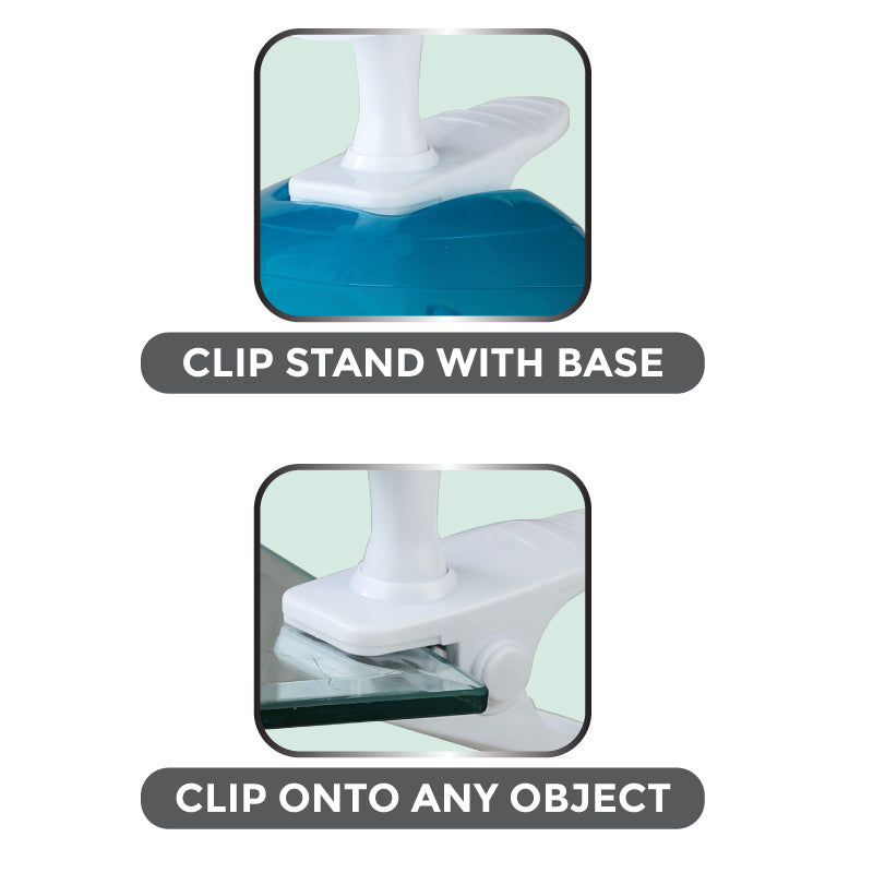My Choice 6 Clip/Table Fan – Detachable Base. Adjustable Tilt. Strong Wind. Portable. Durable. 2-Speed. white & blue. MC202
