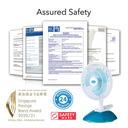 My Choice 6 Clip/Table Fan – Detachable Base. Adjustable Tilt. Strong Wind. Portable. Durable. 2-Speed. white & blue. MC202