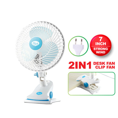 My Choice 7 Clip/Table/Wall Fan – Detachable Base. Strong Airflow. Adjustable Tilt. Portable. Durable. 2-Speed. white & blue. MC202A