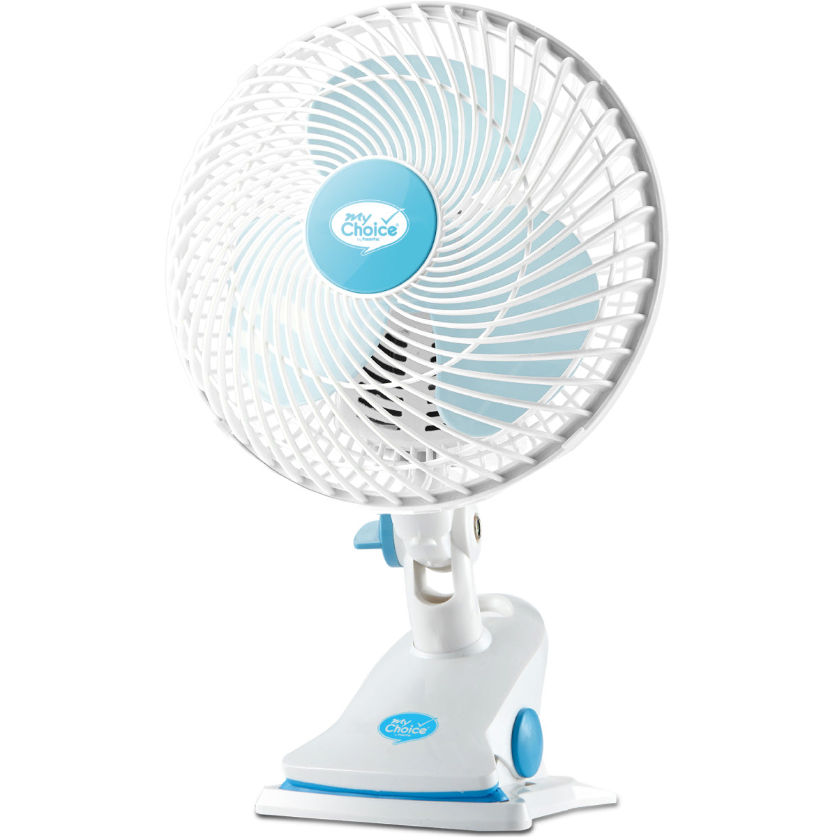 My Choice 7 Clip/Table/Wall Fan – Detachable Base. Strong Airflow. Adjustable Tilt. Portable. Durable. 2-Speed. white & blue. MC202A