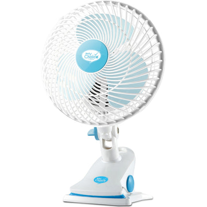 My Choice 7 Clip/Table/Wall Fan – Detachable Base. Strong Airflow. Adjustable Tilt. Portable. Durable. 2-Speed. white & blue. MC202A