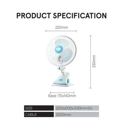 My Choice 7 Clip/Table/Wall Fan – Detachable Base. Strong Airflow. Adjustable Tilt. Portable. Durable. 2-Speed. white & blue. MC202A