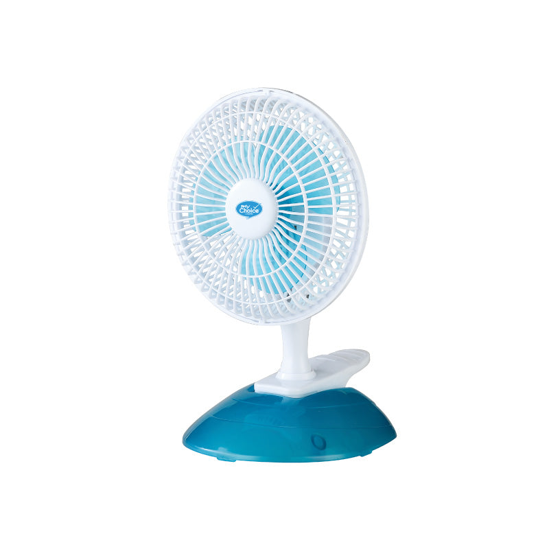 My Choice 6 Clip/Table Fan – Detachable Base. Adjustable Tilt. Strong Wind. Portable. Durable. 2-Speed. white & blue. MC202