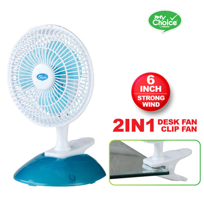 My Choice 6 Clip/Table Fan – Detachable Base. Adjustable Tilt. Strong Wind. Portable. Durable. 2-Speed. white & blue. MC202