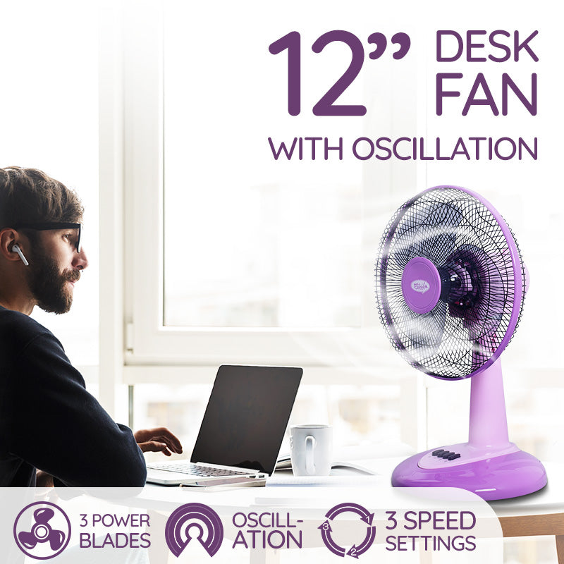 My Choice 12 Desk Fan – High Velocity. Adjustable Tilt. Oscillation. Quiet. Durable. Overheat Protection. 3-Speed. pink & purple. MC303