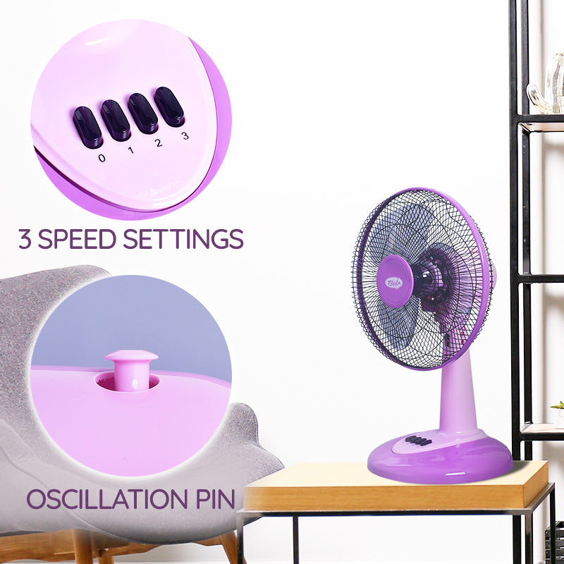 My Choice 12 Desk Fan – High Velocity. Adjustable Tilt. Oscillation. Quiet. Durable. Overheat Protection. 3-Speed. pink & purple. MC303