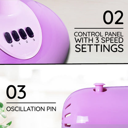 My Choice 12 Desk Fan – High Velocity. Adjustable Tilt. Oscillation. Quiet. Durable. Overheat Protection. 3-Speed. pink & purple. MC303