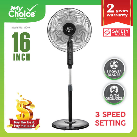 My Choice 16 Stand Fan – Adjustable Tilt & Height. Oscillation. Powerful. Sturdy. Quiet. Energy-efficient. 3-Speed. black. MC40