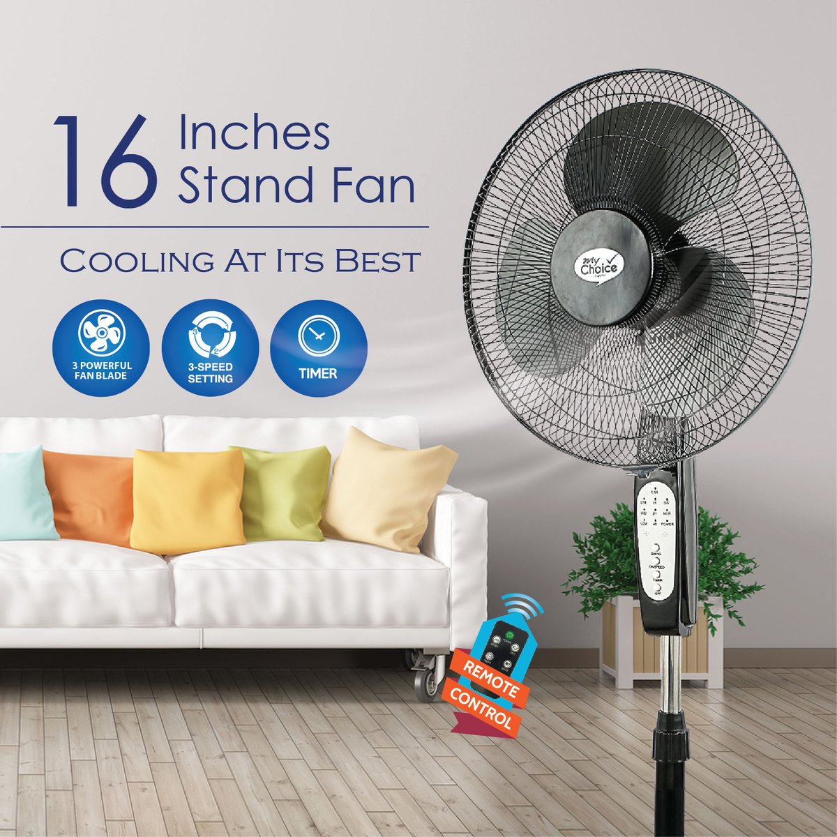 My Choice 16 Stand Fan – Remote Control. Adjustable Tilt & Height. Oscillation. Timer. Powerful. Quiet. 3-Speed. black. MC408R