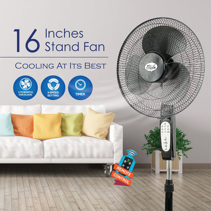 My Choice 16 Stand Fan – Remote Control. Adjustable Tilt & Height. Oscillation. Timer. Powerful. Quiet. 3-Speed. black. MC408R
