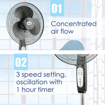 My Choice 16 Stand Fan – Remote Control. Adjustable Tilt & Height. Oscillation. Timer. Powerful. Quiet. 3-Speed. black. MC408R