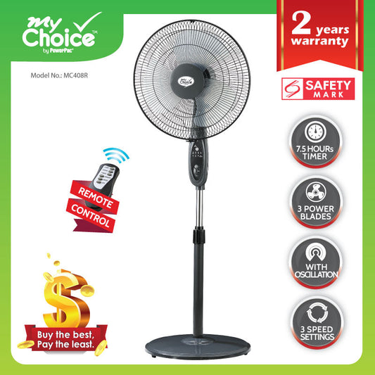 My Choice 16 Stand Fan – Remote Control. Adjustable Tilt & Height. Oscillation. Timer. Powerful. Quiet. 3-Speed. black. MC408R