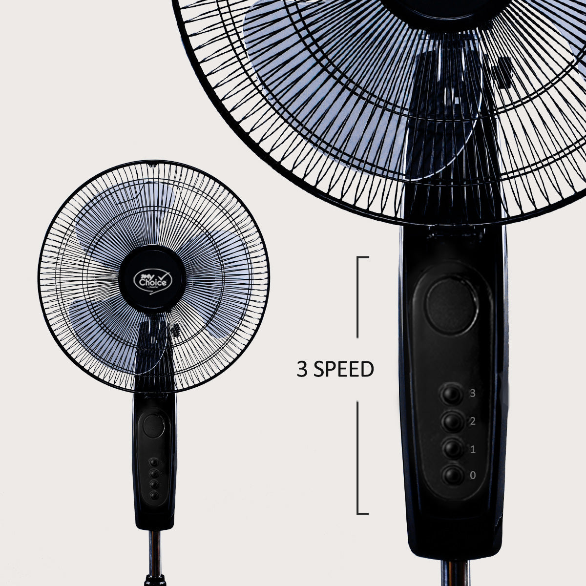 My Choice 16 Stand Fan – Adjustable Tilt & Height. Oscillation. Powerful. Sturdy. Quiet. Energy-efficient. 3-Speed. black. MC40