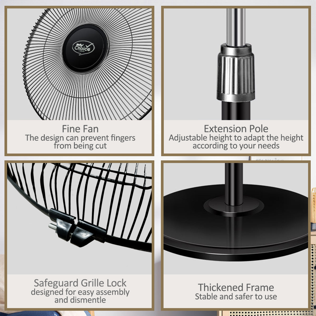 My Choice 16 Stand Fan – Adjustable Tilt & Height. Oscillation. Powerful. Sturdy. Quiet. Energy-efficient. 3-Speed. black. MC40