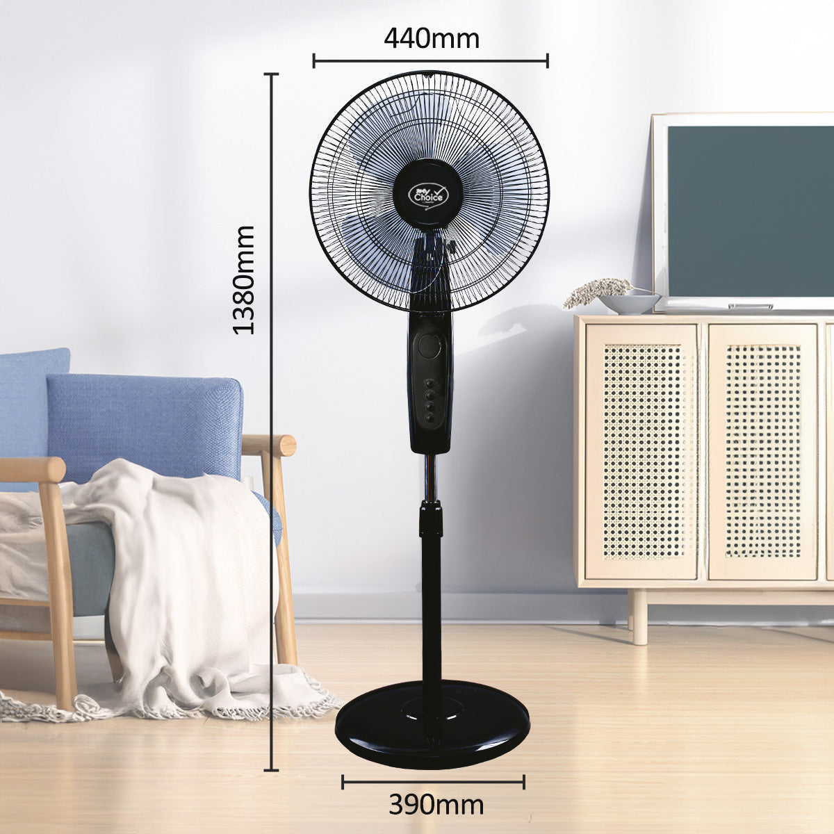 My Choice 16 Stand Fan – Adjustable Tilt & Height. Oscillation. Powerful. Sturdy. Quiet. Energy-efficient. 3-Speed. black. MC40