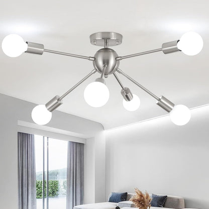 Sputnik Ceiling Light – 6-Light Chrome Mid-Century Modern Chandelier. Industrial Semi Flush Mount for Living Room. Bedroom & Kitchen