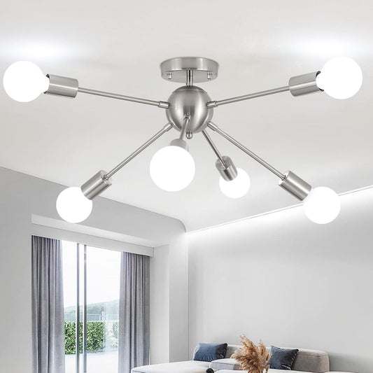 Sputnik Ceiling Light – 6-Light Chrome Mid-Century Modern Chandelier. Industrial Semi Flush Mount for Living Room. Bedroom & Kitchen
