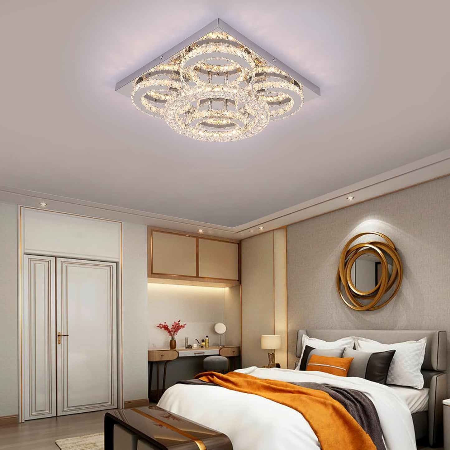 Modern Crystal LED Chandelier. 5-Ring Square Flush Mount Ceiling Light
