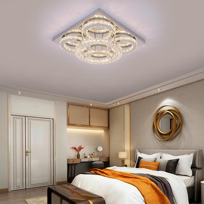 Modern Crystal LED Chandelier. 5-Ring Square Flush Mount Ceiling Light