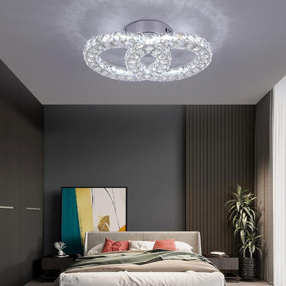 Crystal Chandelier Light Fixture LED Ceiling Lamp 2-Rings Flush Mount