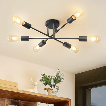 Modern 6 Head Sputnik Ceiling Light – Black Adjustable Chandelier with E27 Base