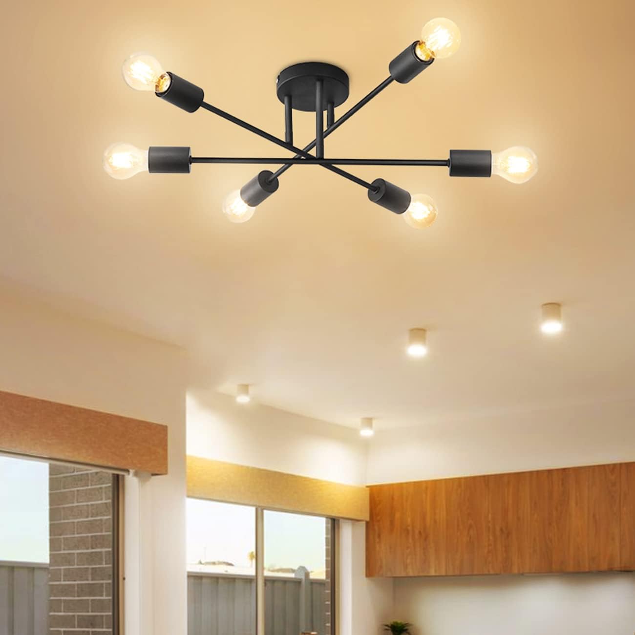 Modern 6 Head Sputnik Ceiling Light – Black Adjustable Chandelier with E27 Base