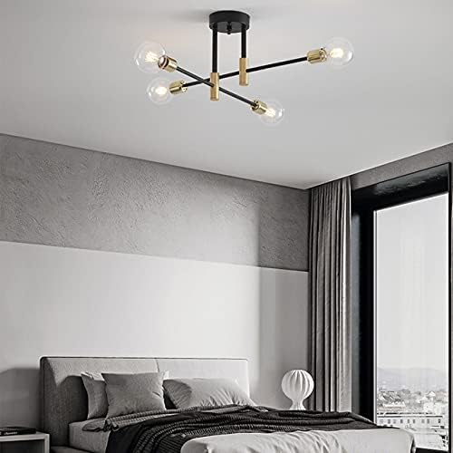 4 Light Nordic Sputnik Chandelier – Black & Gold Semi-Flush Mount Ceiling Light with E27 Base for Living Room. Bedroom. Kitchen