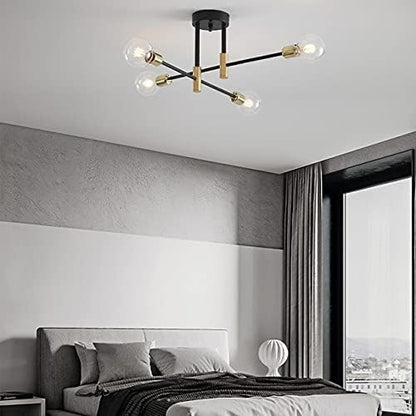 4 Light Nordic Sputnik Chandelier – Black & Gold Semi-Flush Mount Ceiling Light with E27 Base for Living Room. Bedroom. Kitchen