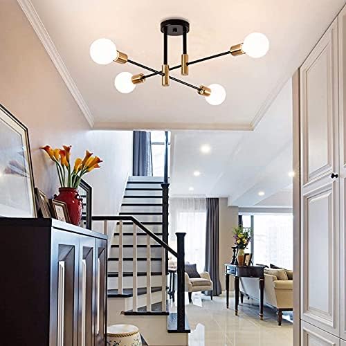 4 Light Nordic Sputnik Chandelier – Black & Gold Semi-Flush Mount Ceiling Light with E27 Base for Living Room. Bedroom. Kitchen