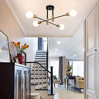 4 Light Nordic Sputnik Chandelier – Black & Gold Semi-Flush Mount Ceiling Light with E27 Base for Living Room. Bedroom. Kitchen
