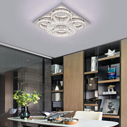 Modern Crystal LED Chandelier. 5-Ring Square Flush Mount Ceiling Light