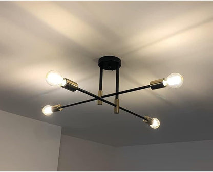 4 Light Nordic Sputnik Chandelier – Black & Gold Semi-Flush Mount Ceiling Light with E27 Base for Living Room. Bedroom. Kitchen
