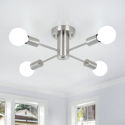 Sputnik Ceiling Light – 4-Light Chrome Semi Flush Modern Industrial Chandelier for Living Room. Kitchen. Bedroom & Dining Room