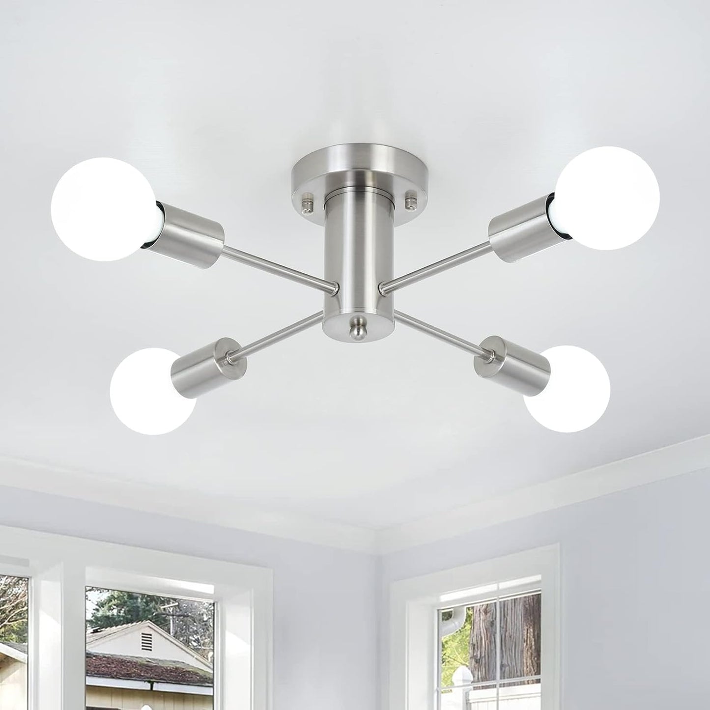 Sputnik Ceiling Light – 4-Light Chrome Semi Flush Modern Industrial Chandelier for Living Room. Kitchen. Bedroom & Dining Room