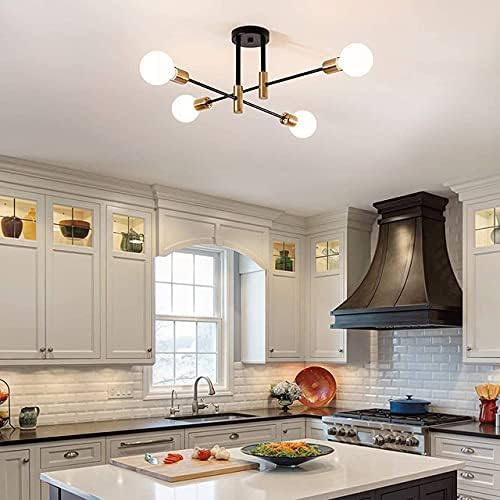 4 Light Nordic Sputnik Chandelier – Black & Gold Semi-Flush Mount Ceiling Light with E27 Base for Living Room. Bedroom. Kitchen