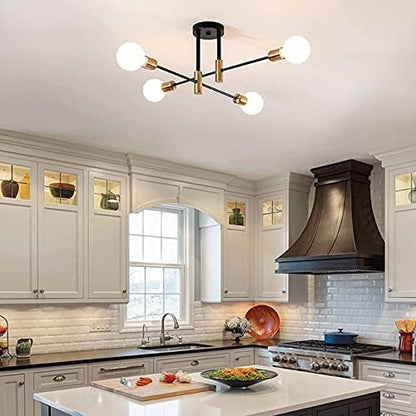4 Light Nordic Sputnik Chandelier – Black & Gold Semi-Flush Mount Ceiling Light with E27 Base for Living Room. Bedroom. Kitchen