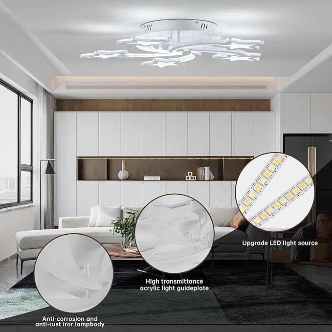 50W Dimmable LED Ceiling Light – Modern Star Design with Remote. 3000-6000K Adjustable Fixture for Bedroom. Kitchen & Living Room