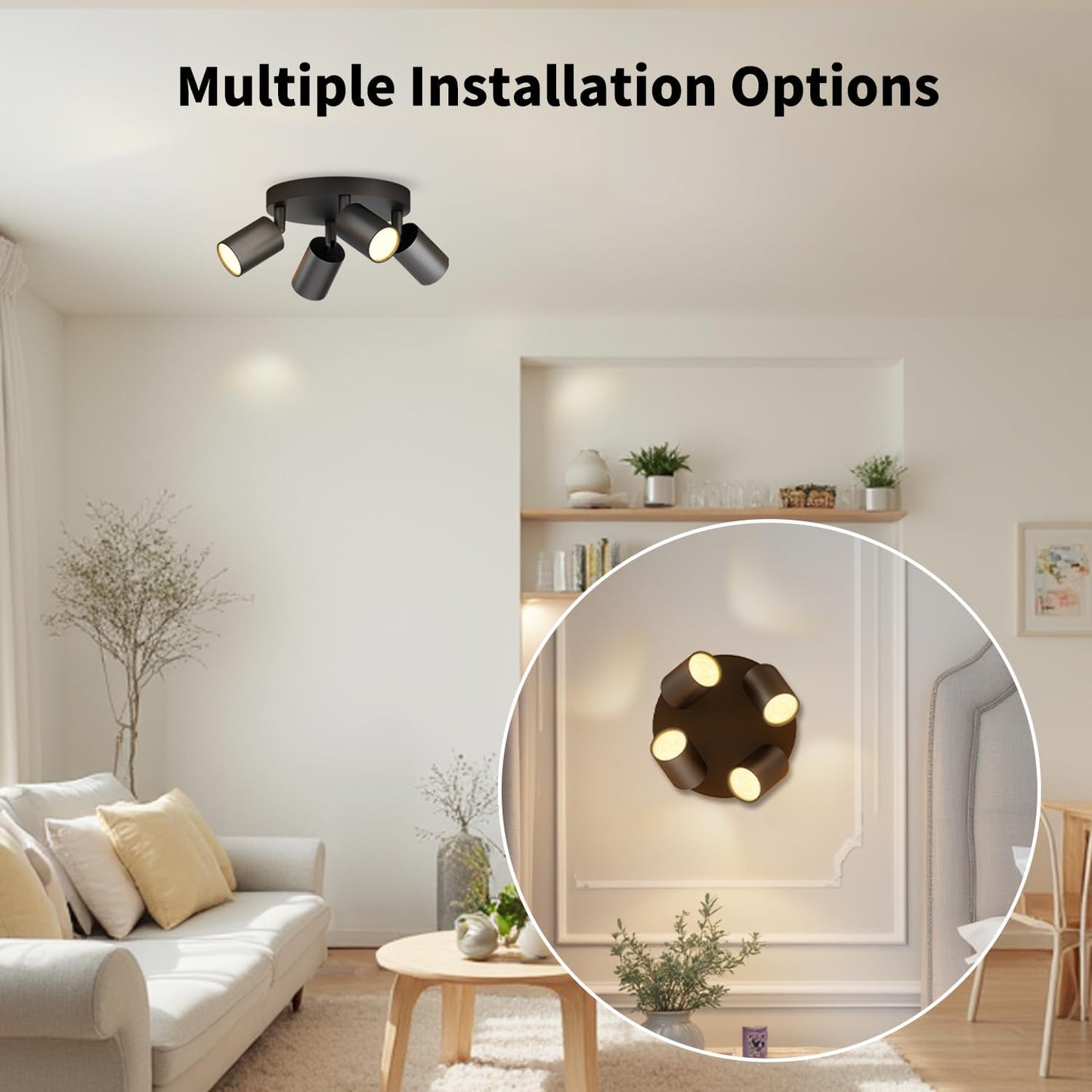 Black GU10 Circular Ceiling Light – 4 Way Adjustable Spotlight Fitting for Kitchen. Bedroom. Lounge. Dining Room (Bulb Not Included)