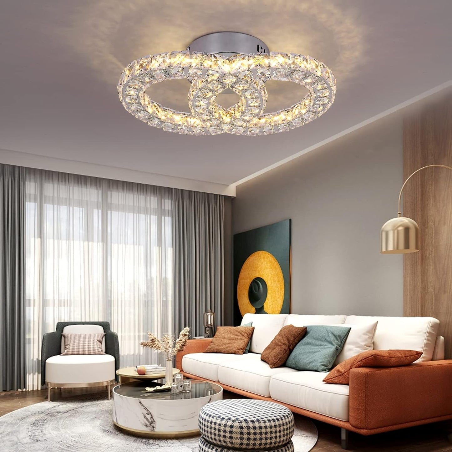 Crystal Chandelier Light Fixture LED Ceiling Lamp 2-Rings Flush Mount