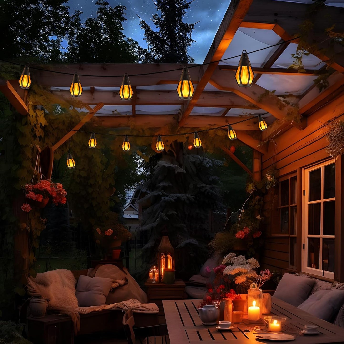 Solar Lights Outdoor Garden – 6.3M 10 Bulbs String Lights – Waterproof Flickering Dancing Flame Fairy Lights – Solar Powered for Yard. Patio. Fence. Tree. Party. Halloween