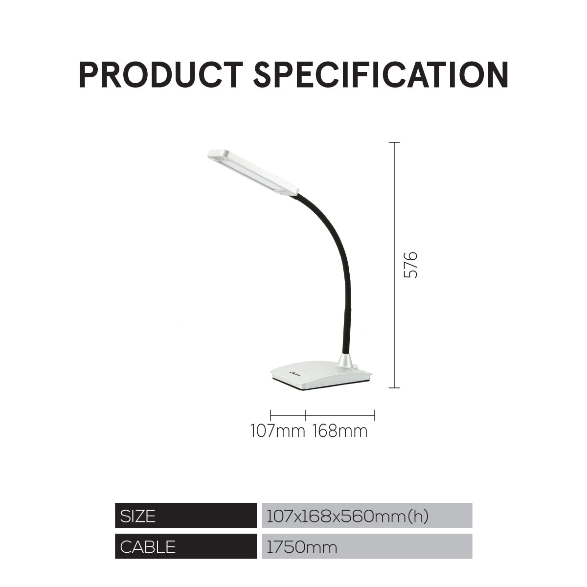 PowerPac LED Desk Lamp. children learning Table Lamp (PP1308) White