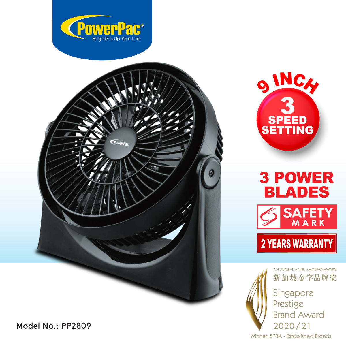 PowerPac 9 Air Circulator Fan – High Velocity. Powerful Airflow. Adjustable Tilt. Thermal Fuse Protection. 3-Speed. black. PP2809